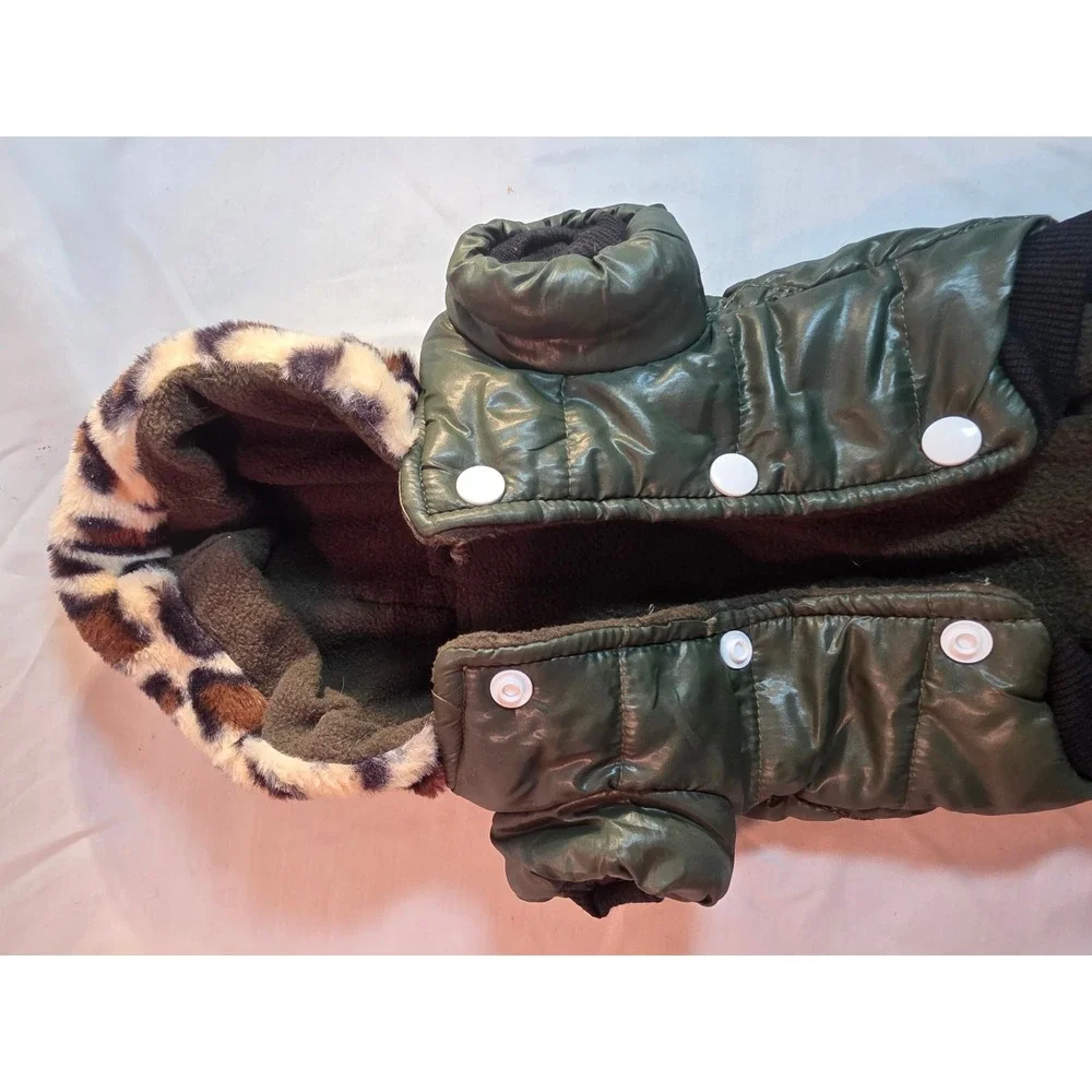 Petsoo Olive Green Quilted Dog Puffer Jacket Leopard Faux Fur Hood Fleece Lined